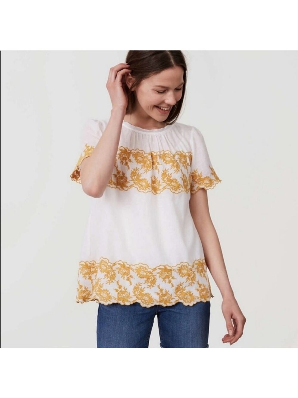 Loft Golden Floral Embroidered Linen Cotton Scalloped Boho Blouse L - Picture 1 of 8